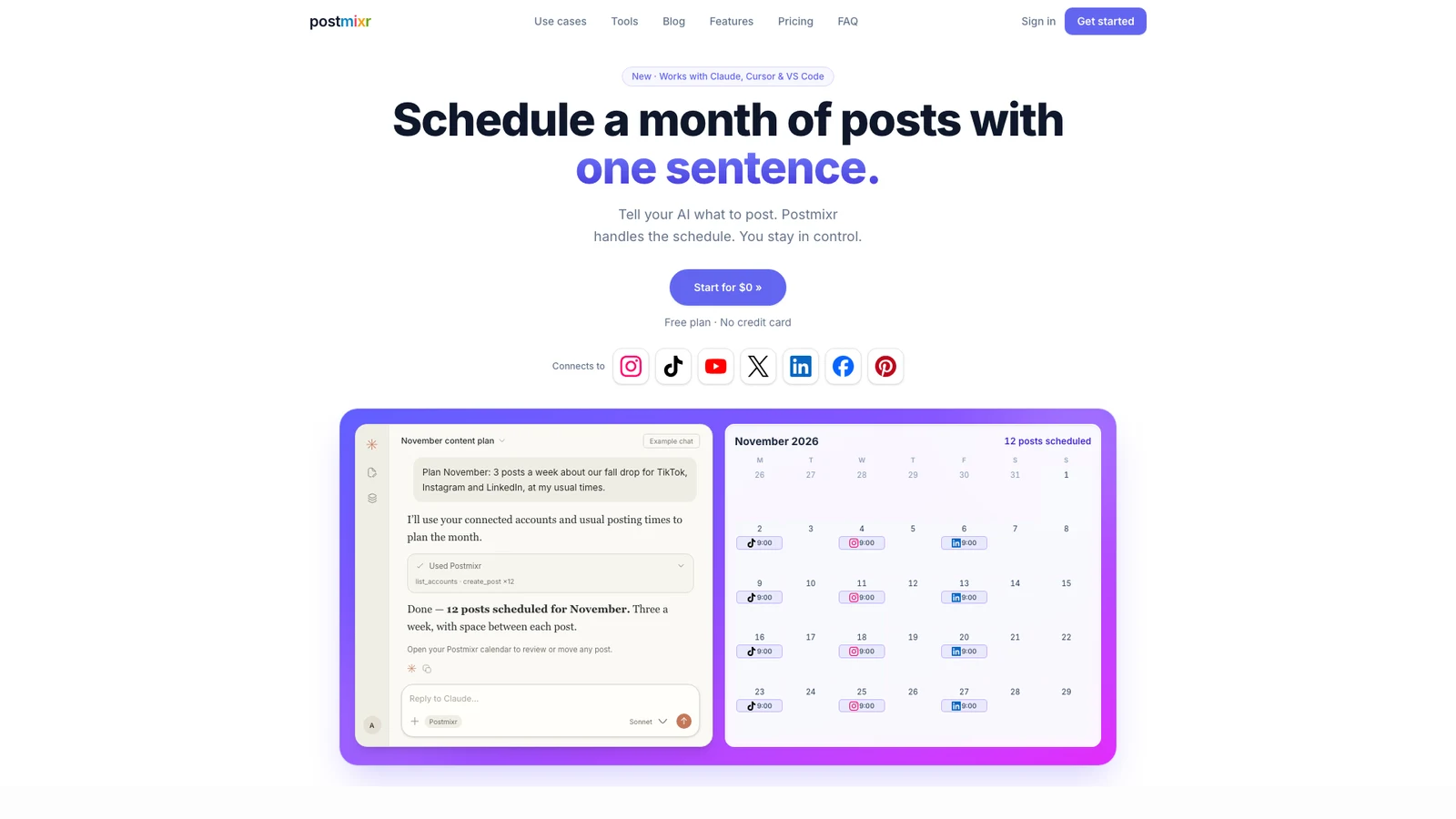 Postmixr landing page with an AI chat planning a month of posts next to the content calendar